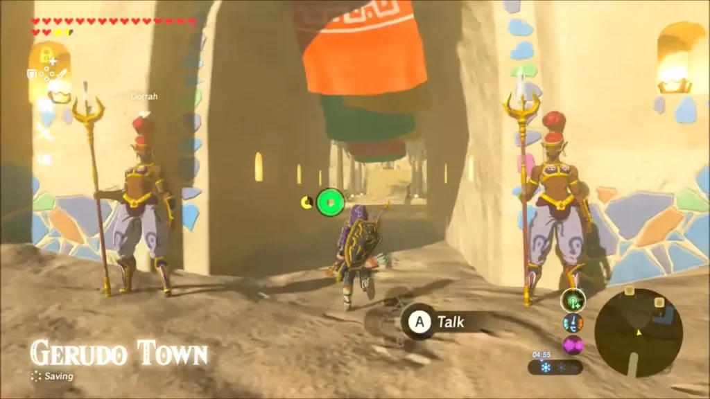 Link walking between two Gerudo guards at the entrance to Gerudo Town Link walking between two Gerudo guards at the entrance to Gerudo Town