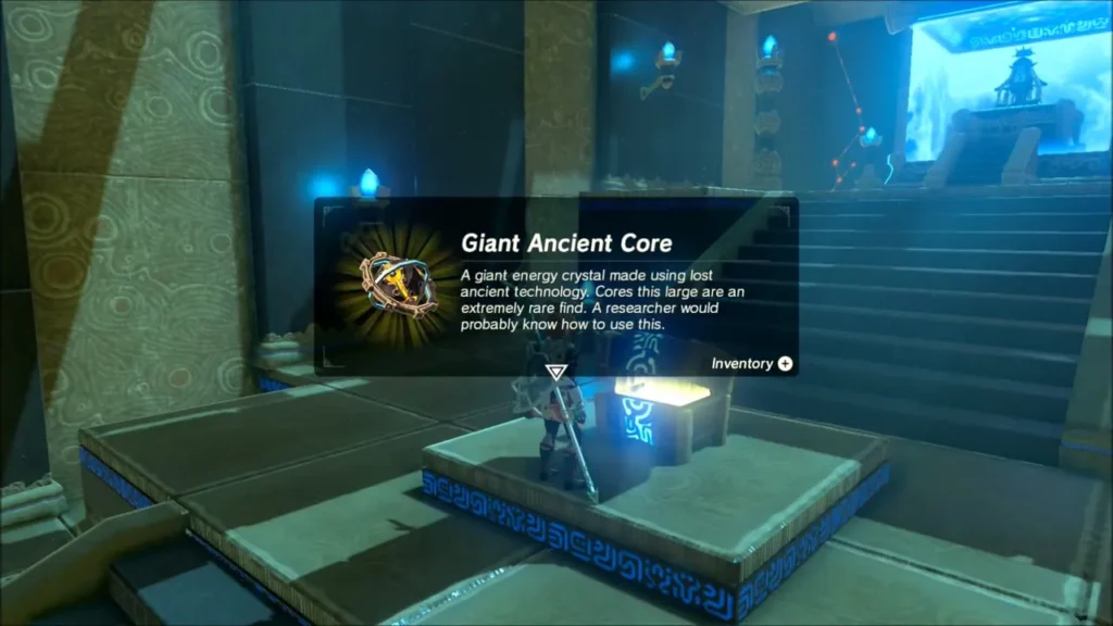 Link opening the platform chest and receiving a Giant Ancient Core Link opening the platform chest and receiving a Giant Ancient Core