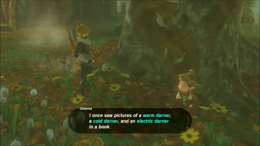 Gleema sitting by a tree telling Link she saw pictures of three kinds of darner Gleema sitting by a tree telling Link she saw pictures of three kinds of darner