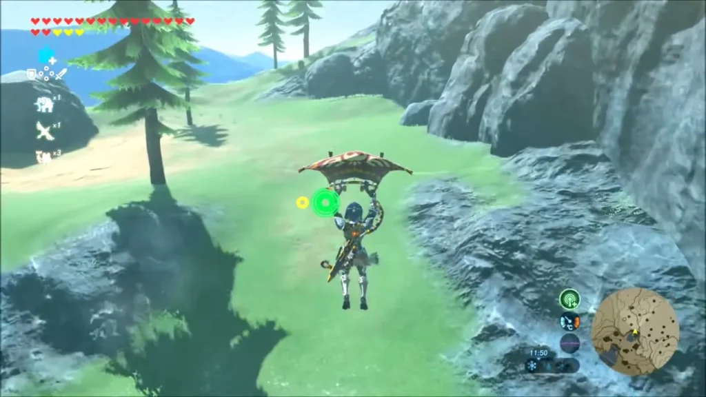 Link gliding over green hills and rocky outcrops Link gliding over green hills and rocky outcrops