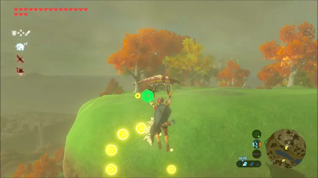 Link gliding onto the hilltop past golden sparkles Link gliding onto the hilltop past golden sparkles