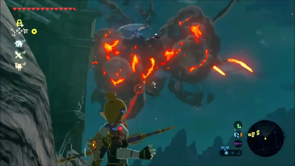 Link with bow facing a burning Guardian beside a ruined wall Link with bow facing a burning Guardian beside a ruined wall