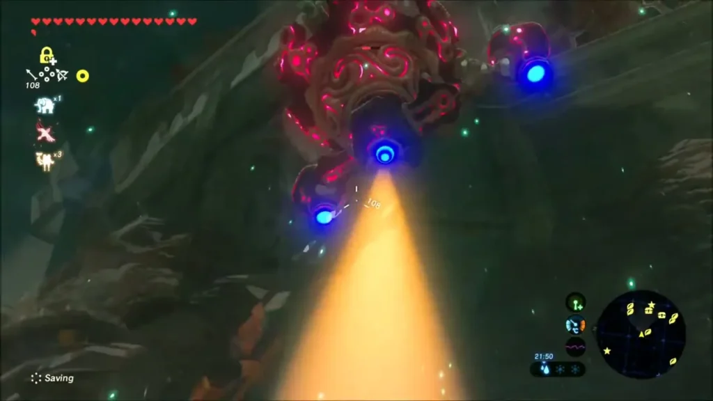 A Guardian above Link charging its beam in the ruins A Guardian above Link charging its beam in the ruins