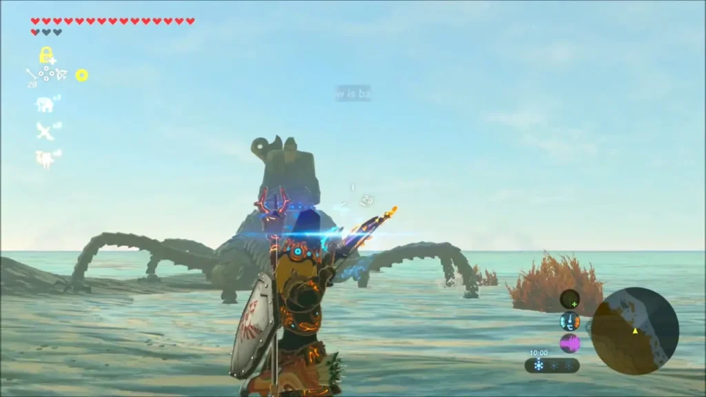 Link aiming a bow at a Guardian standing in the shallows Link aiming a bow at a Guardian standing in the shallows