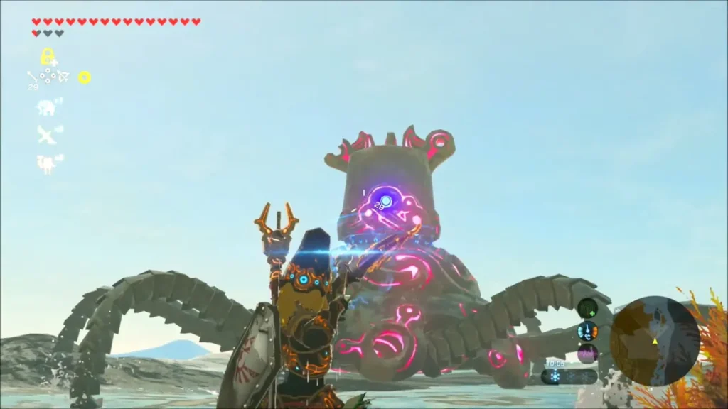 Link with shield up facing a glowing Guardian in the sea Link with shield up facing a glowing Guardian in the sea