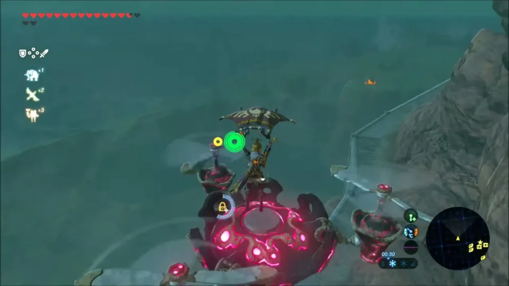 Link gliding above a Guardian Stalker near the ruined walls Link gliding above a Guardian Stalker near the ruined walls