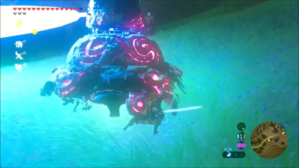 Link slashing a Guardian frozen in blue stasis on the hillside Link slashing a Guardian frozen in blue stasis on the hillside
