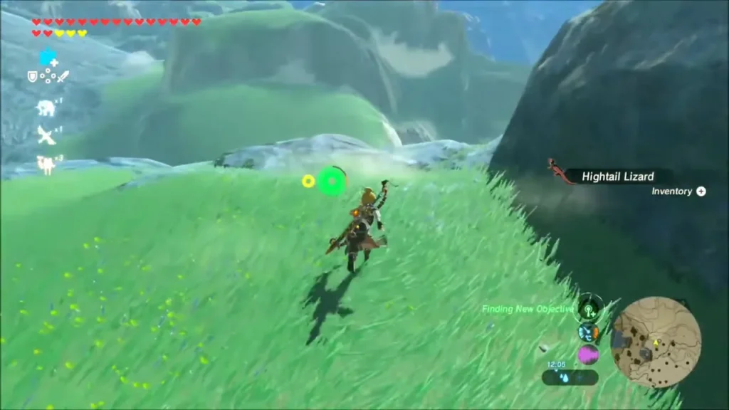 Link catching a Hightail Lizard on a bright green hillside Link catching a Hightail Lizard on a bright green hillside