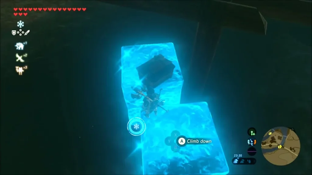 Link on stacked ice blocks beside the chest under the bridge Link on stacked ice blocks beside the chest under the bridge