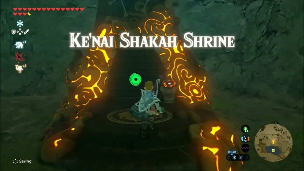 Link at the glowing entrance of Ke'nai Shakah Shrine with its title card Link at the glowing entrance of Ke'nai Shakah Shrine with its title card