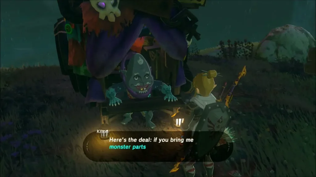 Kilton offering to trade monster parts from his wagon at night Kilton offering to trade monster parts from his wagon at night