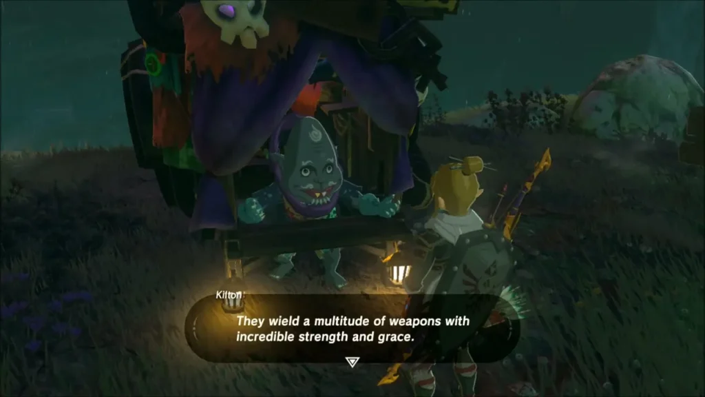 Kilton talking about monster masks from behind his shop counter Kilton talking about monster masks from behind his shop counter