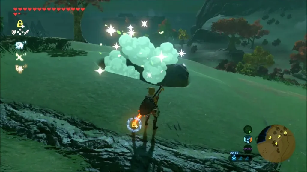 Green puff of leaves as a Korok appears after the boulder drops into the hole Green puff of leaves as a Korok appears after the boulder drops into the hole