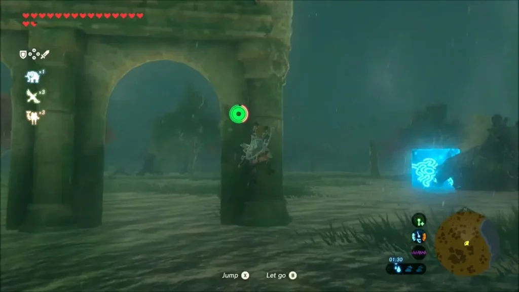 Link climbing the side of a broken stone arch in the rainy ruins by the lake Link climbing the side of a broken stone arch in the rainy ruins by the lake