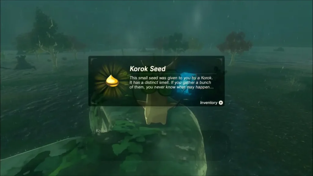 Korok Seed item box shown over the Korok sitting on the broken arch Korok Seed item box shown over the Korok sitting on the broken arch
