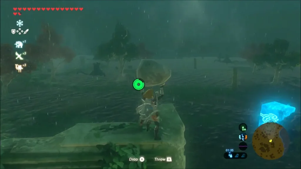 Link standing on top of the broken arch holding a rock overhead Link standing on top of the broken arch holding a rock overhead