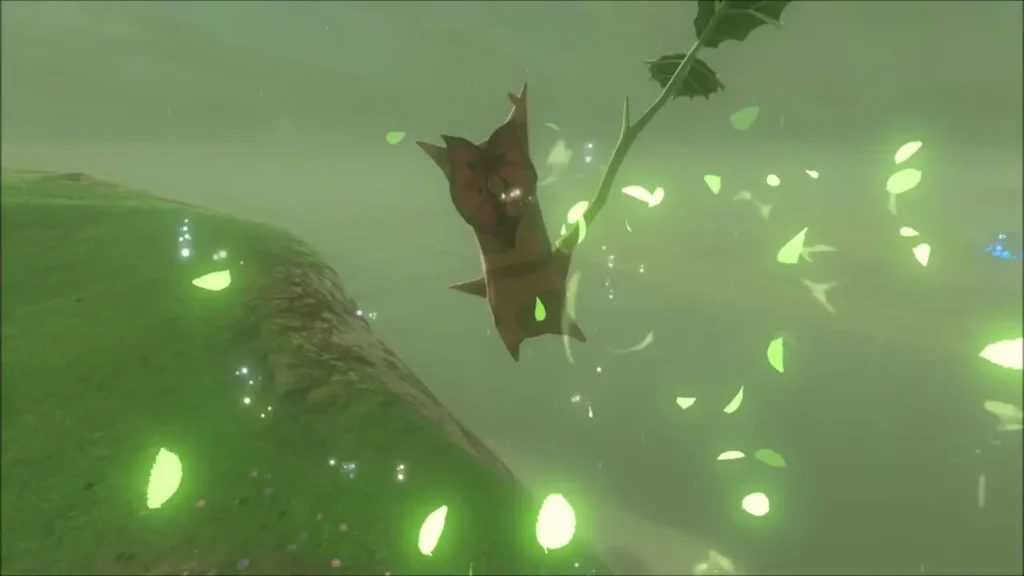 A Korok bursting out in a swirl of leaves on the slope A Korok bursting out in a swirl of leaves on the slope
