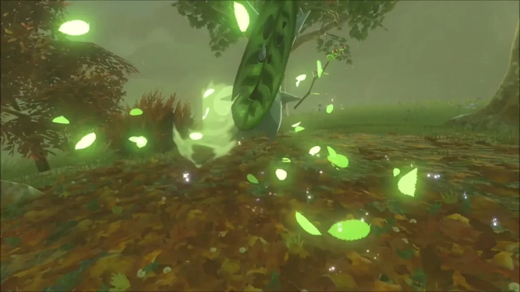 A Korok bursting out of a leaf pile under an autumn tree A Korok bursting out of a leaf pile under an autumn tree