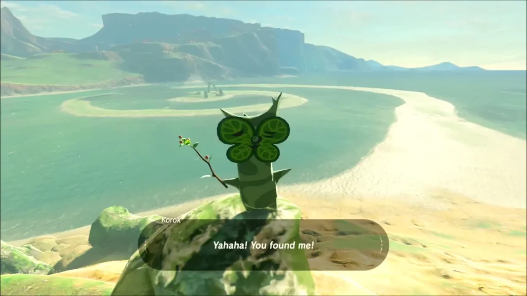 Korok waving from a mossy rock overlooking the bay and sandy spit Korok waving from a mossy rock overlooking the bay and sandy spit