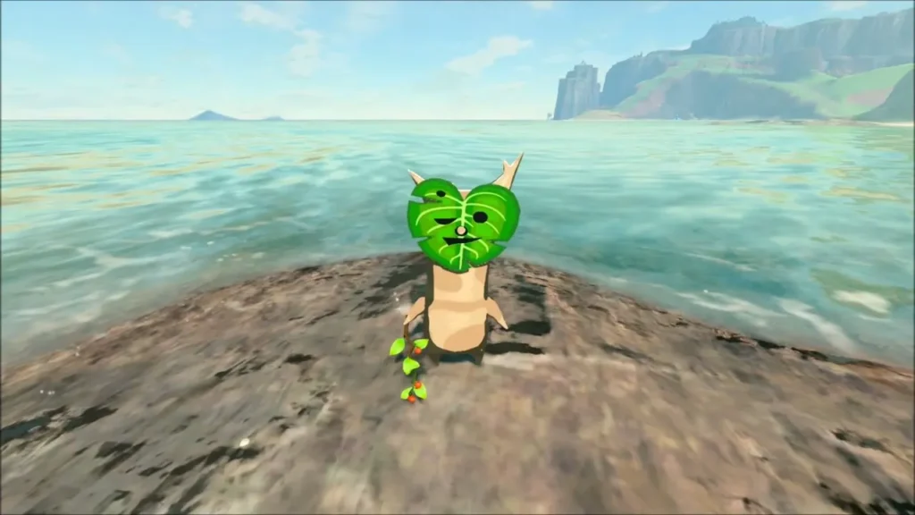 A Korok standing on a bare rock in open water A Korok standing on a bare rock in open water