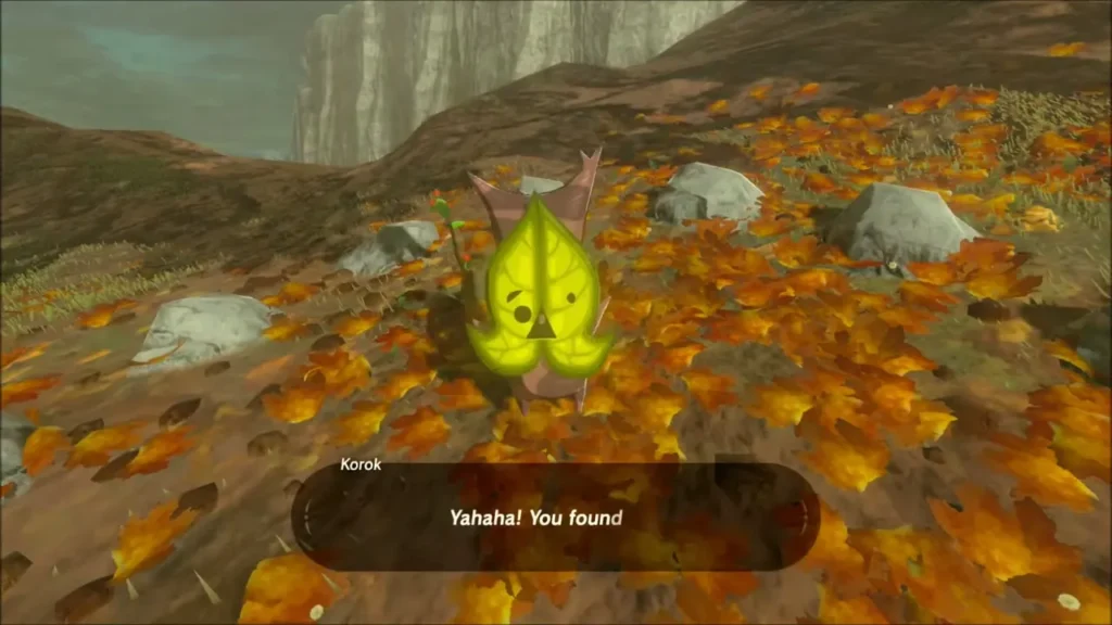 A Korok appearing among autumn leaves saying Yahaha A Korok appearing among autumn leaves saying Yahaha
