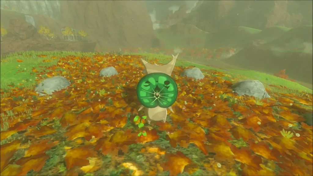 The Korok pops up from the leaves in the middle of the stone ring The Korok pops up from the leaves in the middle of the stone ring