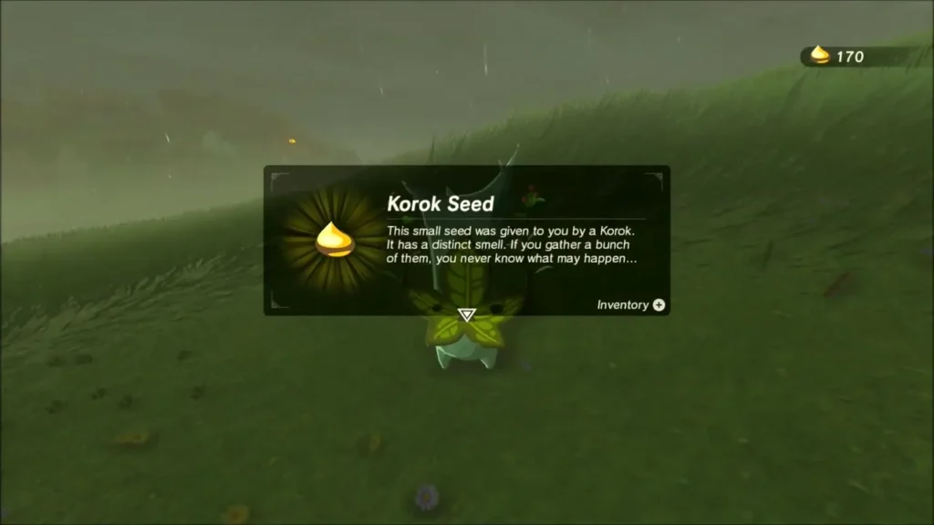 Korok Seed item box shown over the freed Korok on the hillside Korok Seed item box shown over the freed Korok on the hillside