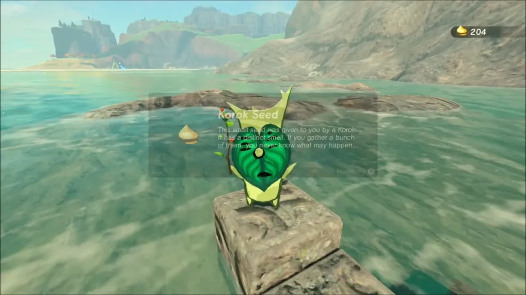 Korok on a stone pillar in the sea holding out a Korok Seed Korok on a stone pillar in the sea holding out a Korok Seed