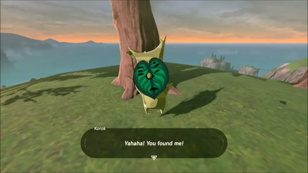 A Korok appearing at the tree trunk saying Yahaha, you found me A Korok appearing at the tree trunk saying Yahaha, you found me