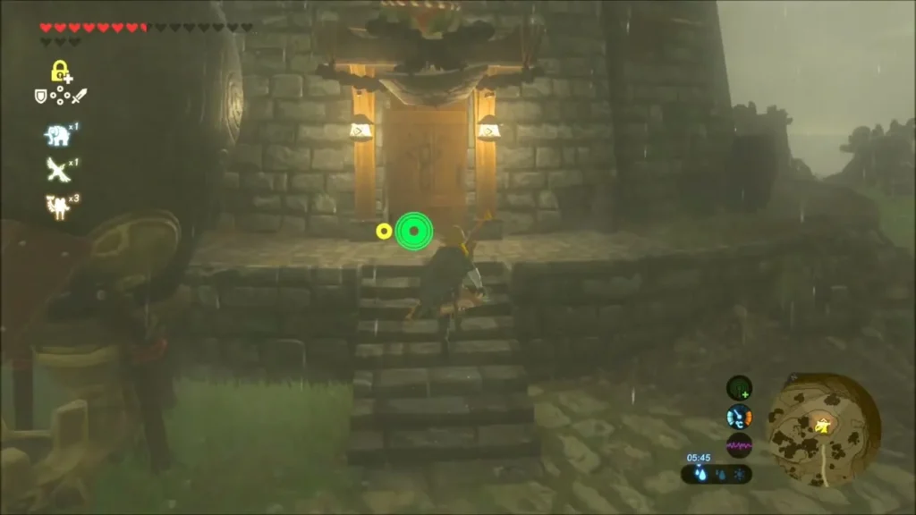 Link at the stone steps below the lab's wooden door Link at the stone steps below the lab's wooden door