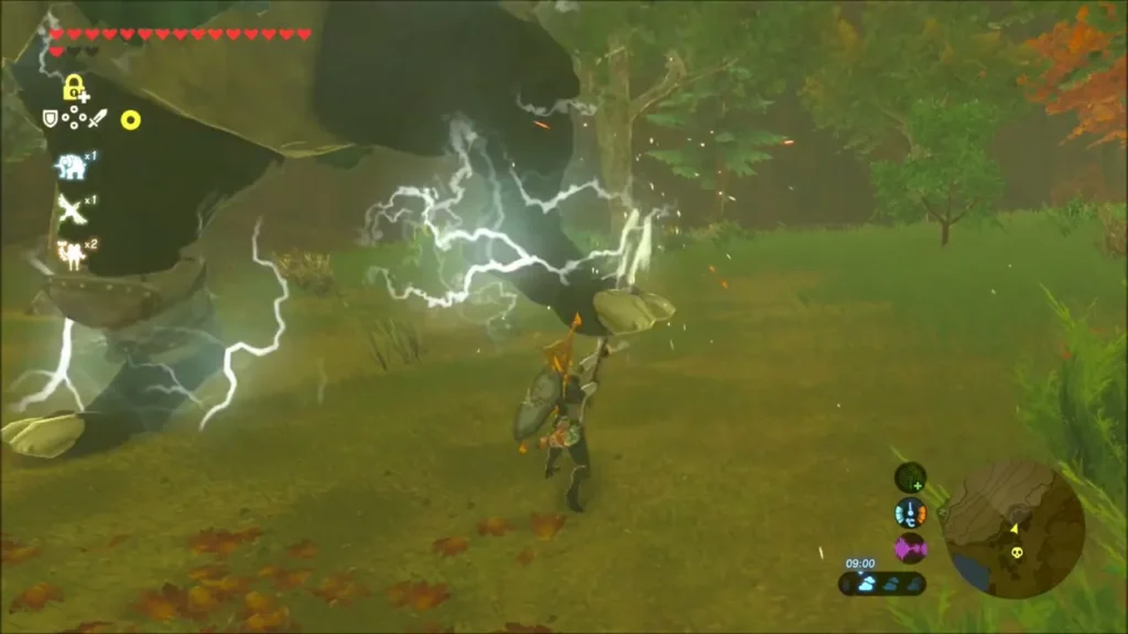 Lightning arcing across the Hinox as Link runs in with his weapon Lightning arcing across the Hinox as Link runs in with his weapon