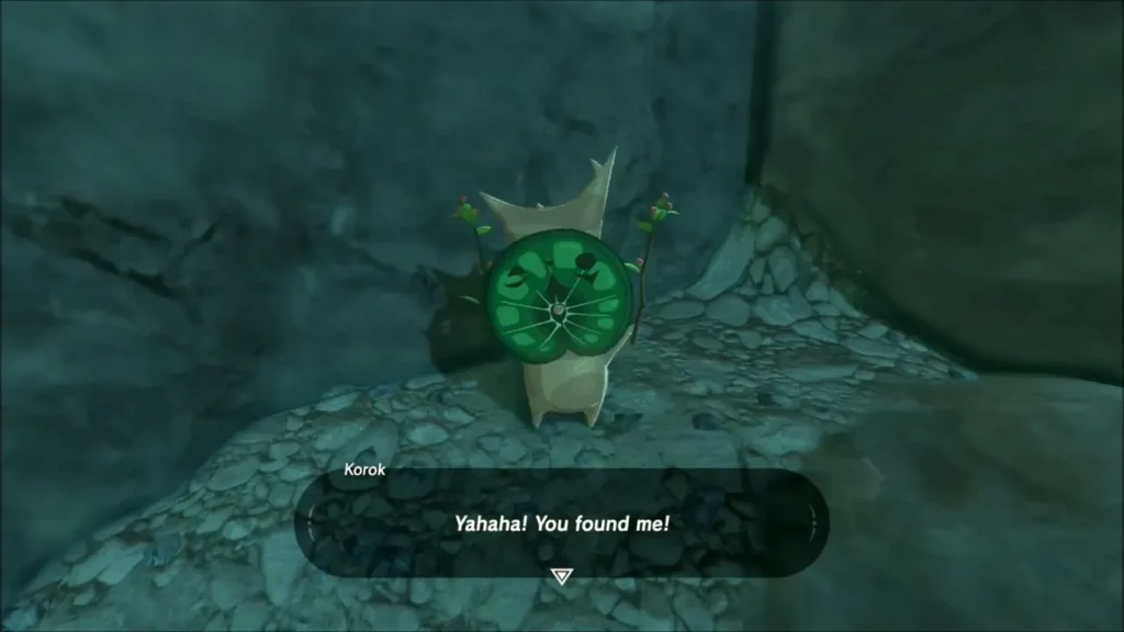 A Korok with a lime-slice leaf on a narrow rocky ledge A Korok with a lime-slice leaf on a narrow rocky ledge