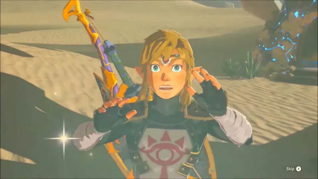 Link grinning in the desert sand after his gear was upgraded Link grinning in the desert sand after his gear was upgraded