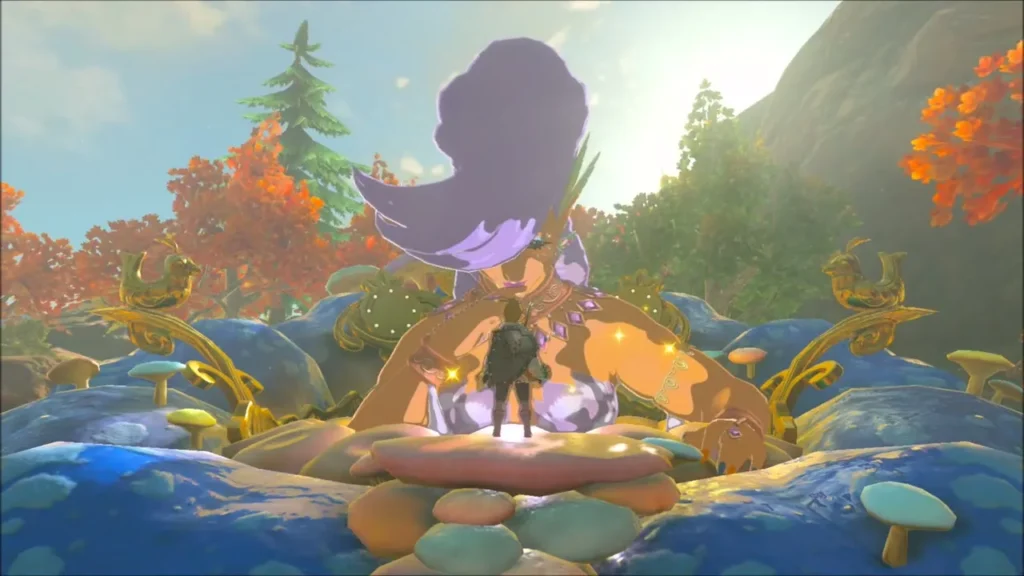Link standing on the fountain's pink mushroom platform before Mija Link standing on the fountain's pink mushroom platform before Mija