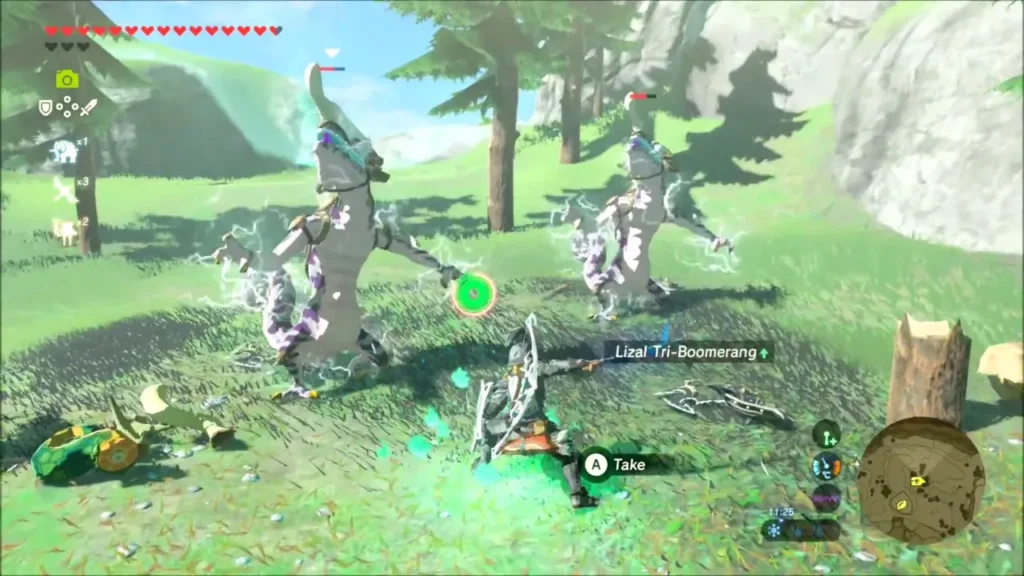 Link beside Lizalfos with a Lizal Tri-Boomerang drop to take Link beside Lizalfos with a Lizal Tri-Boomerang drop to take