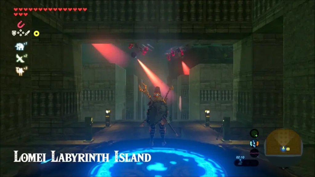 Link on the warp pad with the Lomei Labyrinth Island title and red Guardian lasers ahead Link on the warp pad with the Lomei Labyrinth Island title and red Guardian lasers ahead