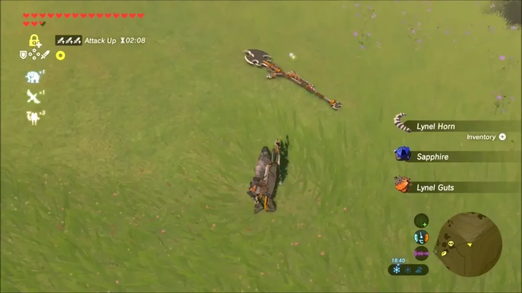 Lynel loot box showing Lynel Horn, Sapphire and Lynel Guts beside the fallen weapon Lynel loot box showing Lynel Horn, Sapphire and Lynel Guts beside the fallen weapon