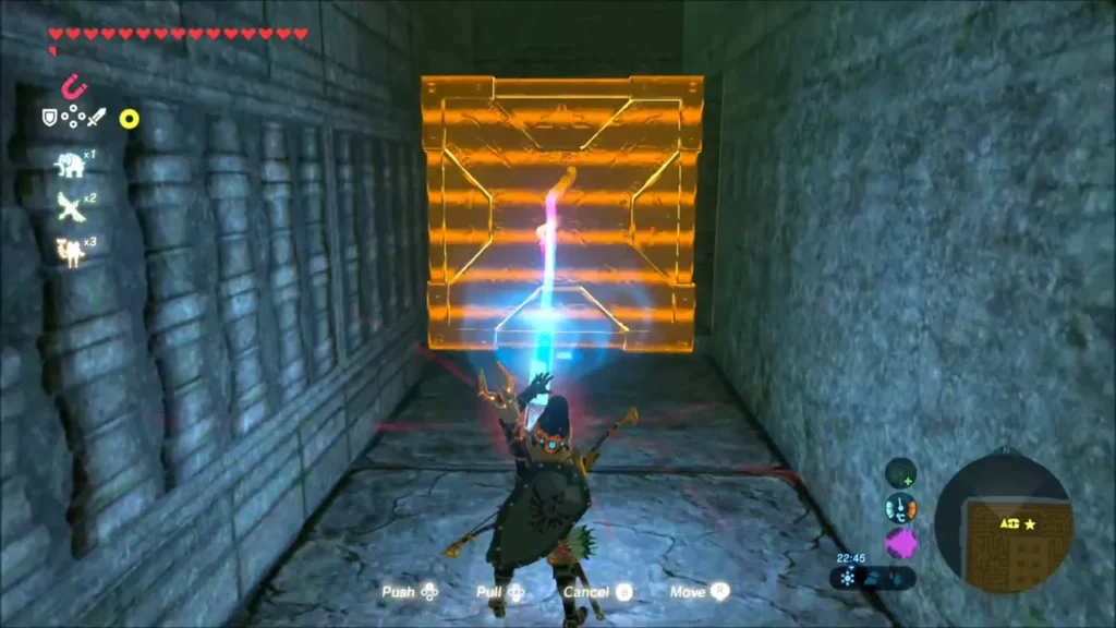 Link using Magnesis on a metal box blocking a corridor Link using Magnesis on a metal box blocking a corridor