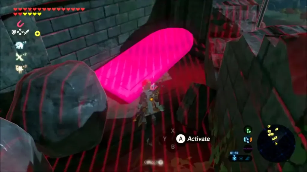 Link using Magnesis on a metal slab beside a boulder Link using Magnesis on a metal slab beside a boulder