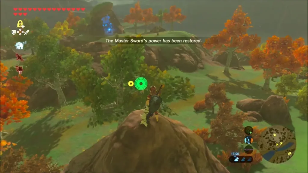 Message reading the Master Sword's power has been restored as Link stands on a rock in autumn hills Message reading the Master Sword's power has been restored as Link stands on a rock in autumn hills