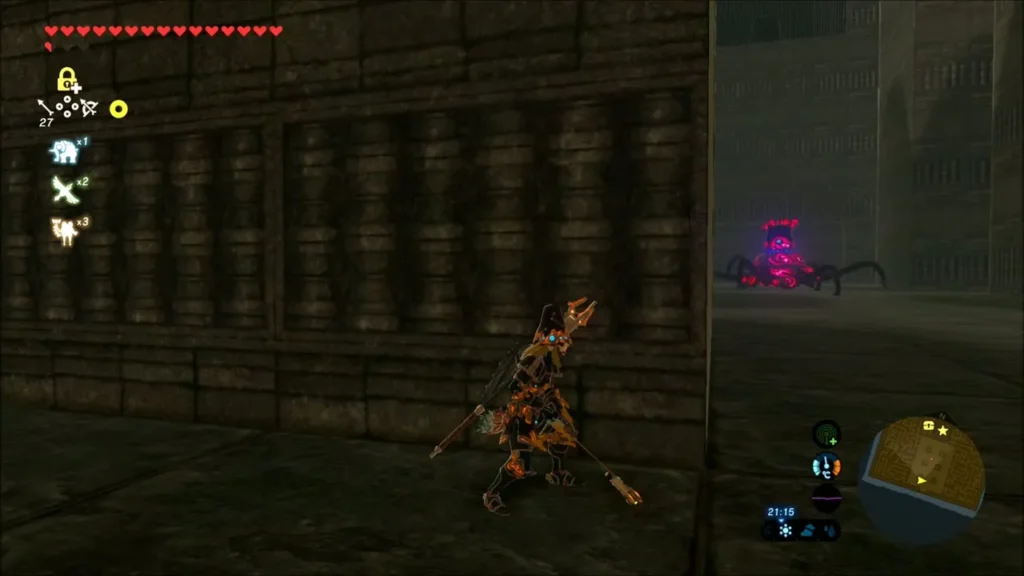 Link peeking around a corner at a Guardian in the maze Link peeking around a corner at a Guardian in the maze