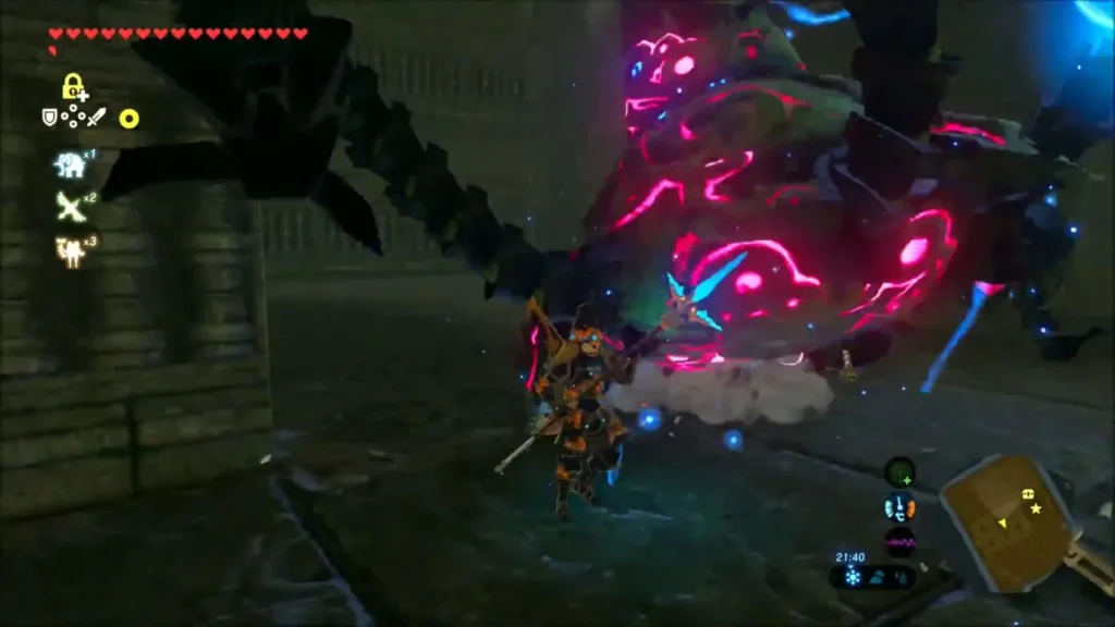 Link fighting a Guardian in a maze passage Link fighting a Guardian in a maze passage