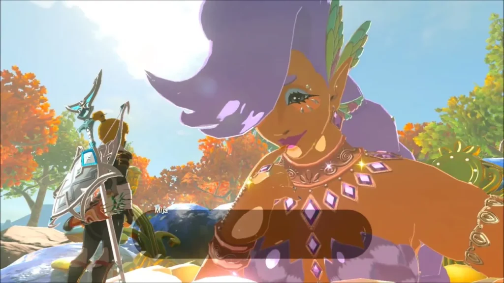 Mija the Great Fairy leaning toward Link beside her flower fountain Mija the Great Fairy leaning toward Link beside her flower fountain