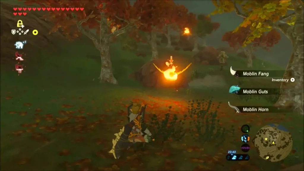 Moblin Fang, Guts and Horn picked up beside the burning remains of a Moblin among autumn trees Moblin Fang, Guts and Horn picked up beside the burning remains of a Moblin among autumn trees
