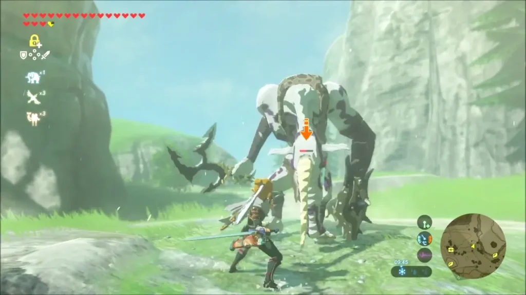 Link fighting a large Moblin in a green valley Link fighting a large Moblin in a green valley