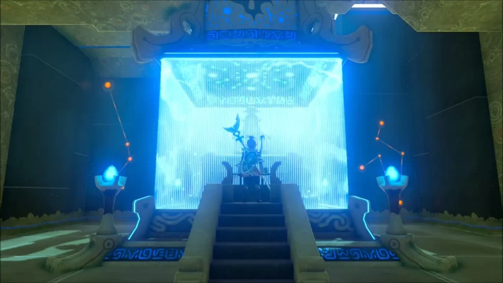 The monk seated at the glowing altar at the top of the stairs The monk seated at the glowing altar at the top of the stairs