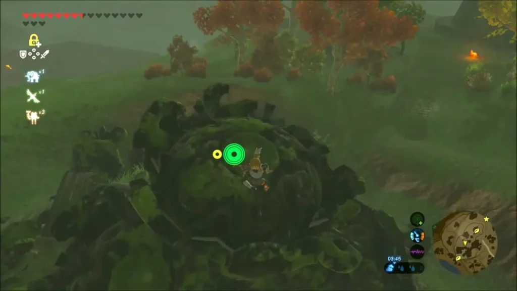Link atop a huge moss-covered Guardian wreck in the grass Link atop a huge moss-covered Guardian wreck in the grass