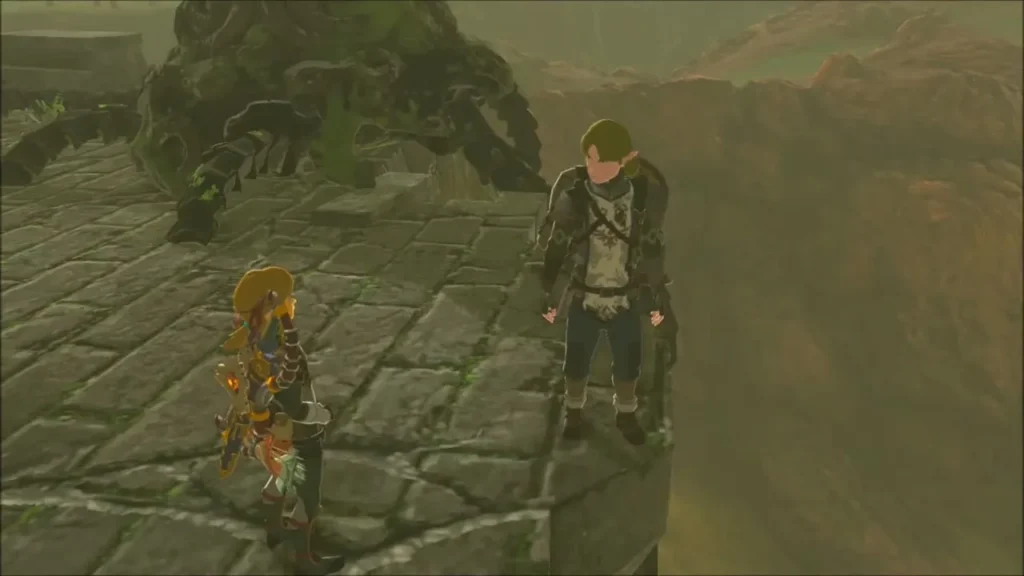 Link talking with the soldier Nell on the broken stone ledge Link talking with the soldier Nell on the broken stone ledge