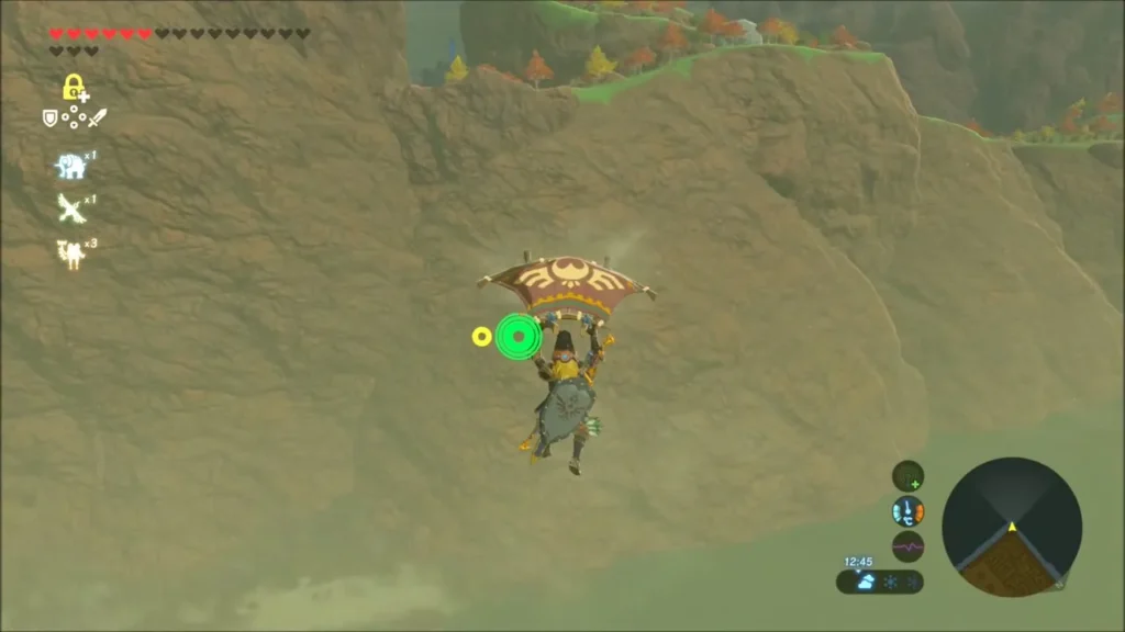 Link paragliding down a cliff face toward the Akkala hills Link paragliding down a cliff face toward the Akkala hills