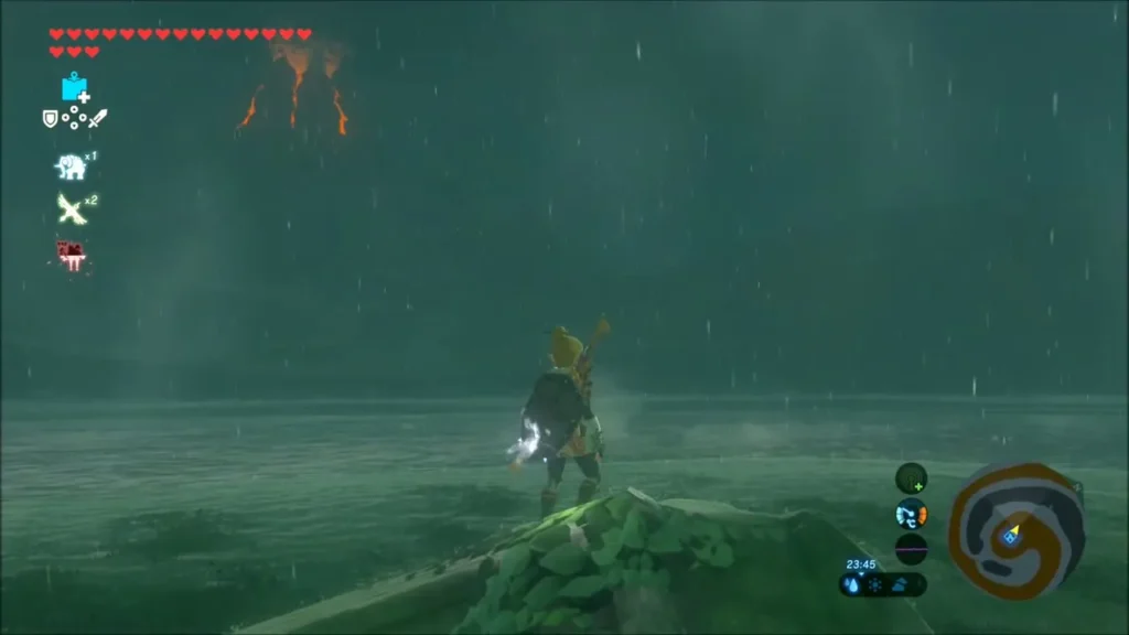 Link standing on a rocky shore in heavy rain on the East Akkala coast Link standing on a rocky shore in heavy rain on the East Akkala coast